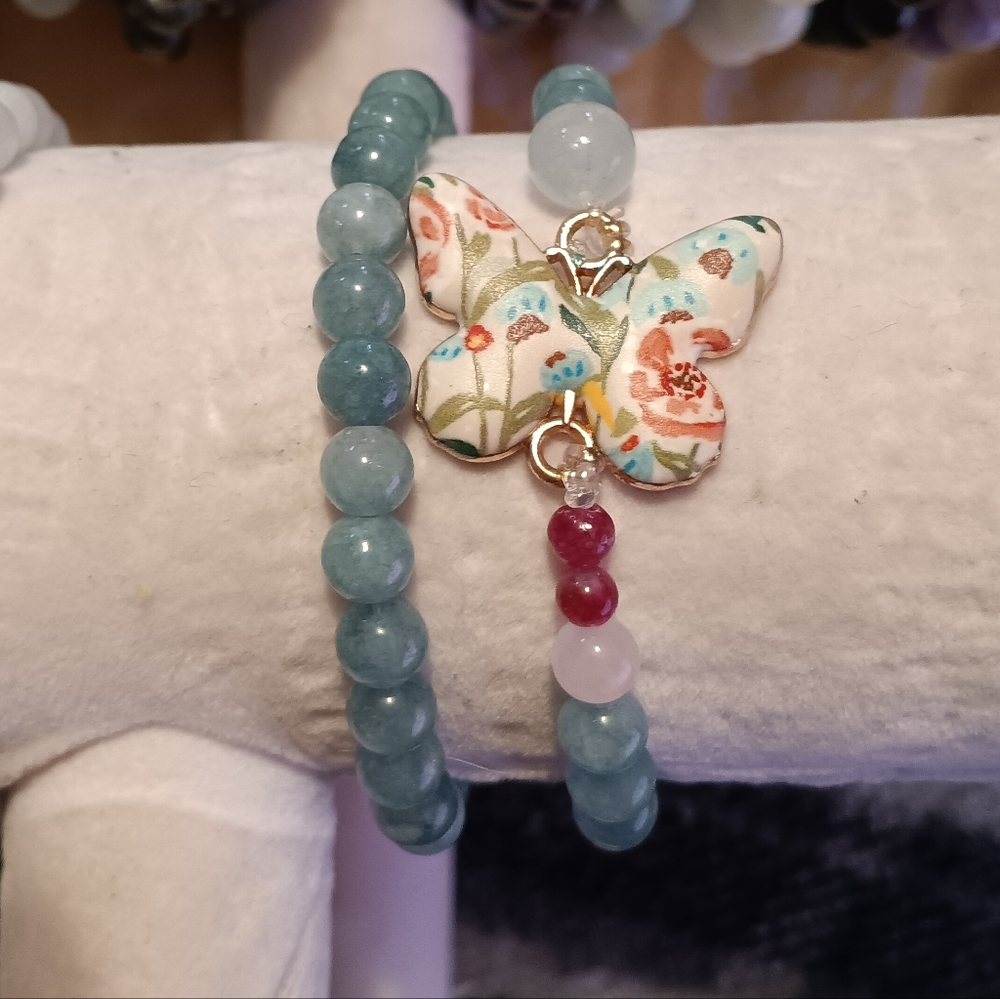 Set 2 Natural Adventurine,tourmaline,pink quartz& aquamarine Butterfly bracelet